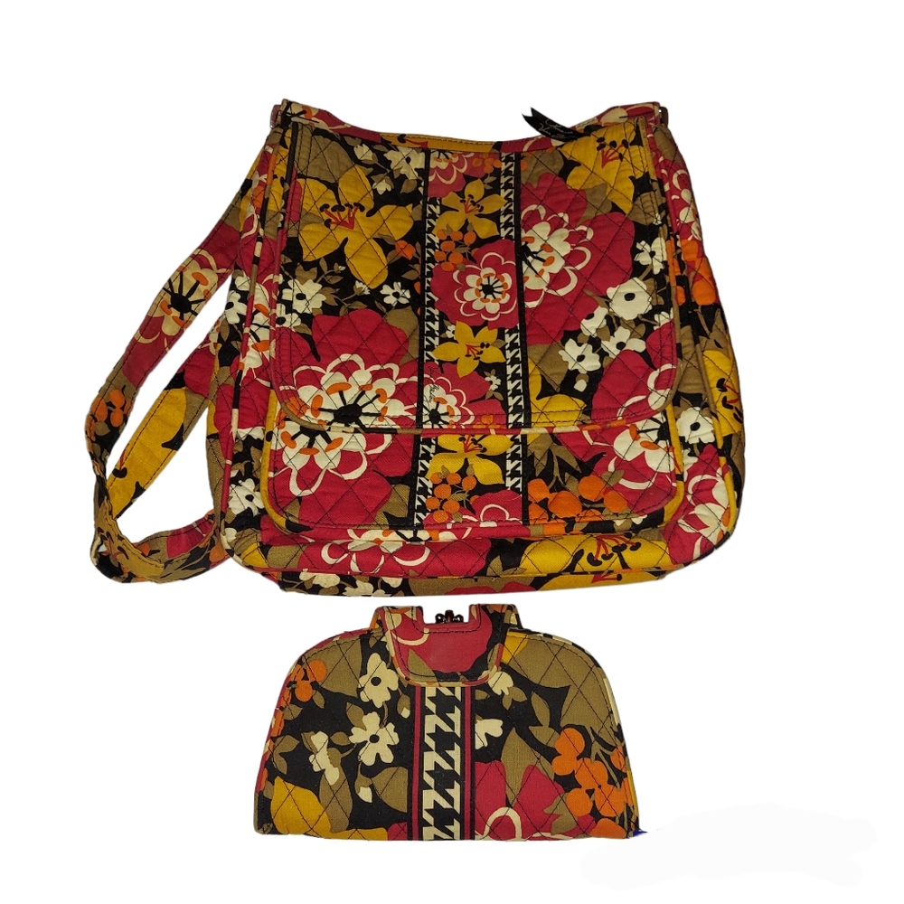 Vera Bradley Bittersweet Messenger Crossbody Bag Purse & Kiss & Snap Wallet